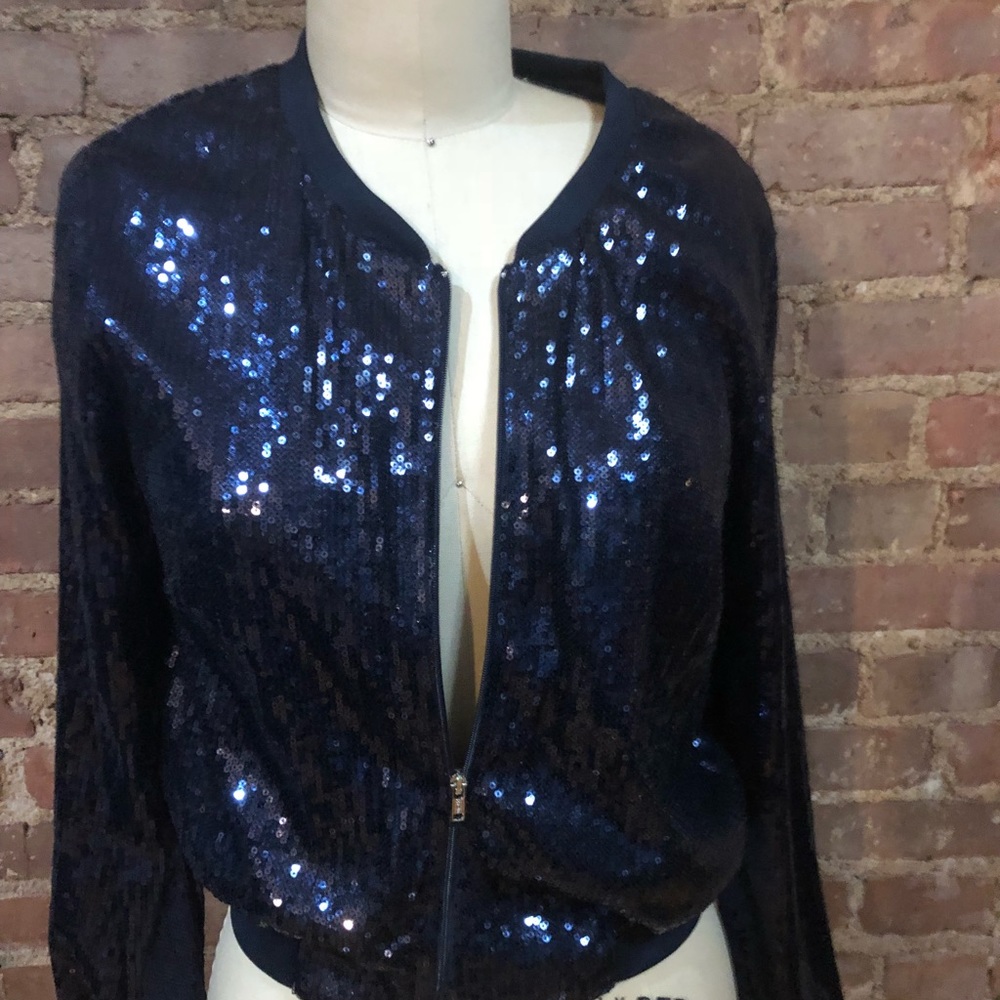 NWT Navy Blue Sequin H&M bomber jacket Size 8